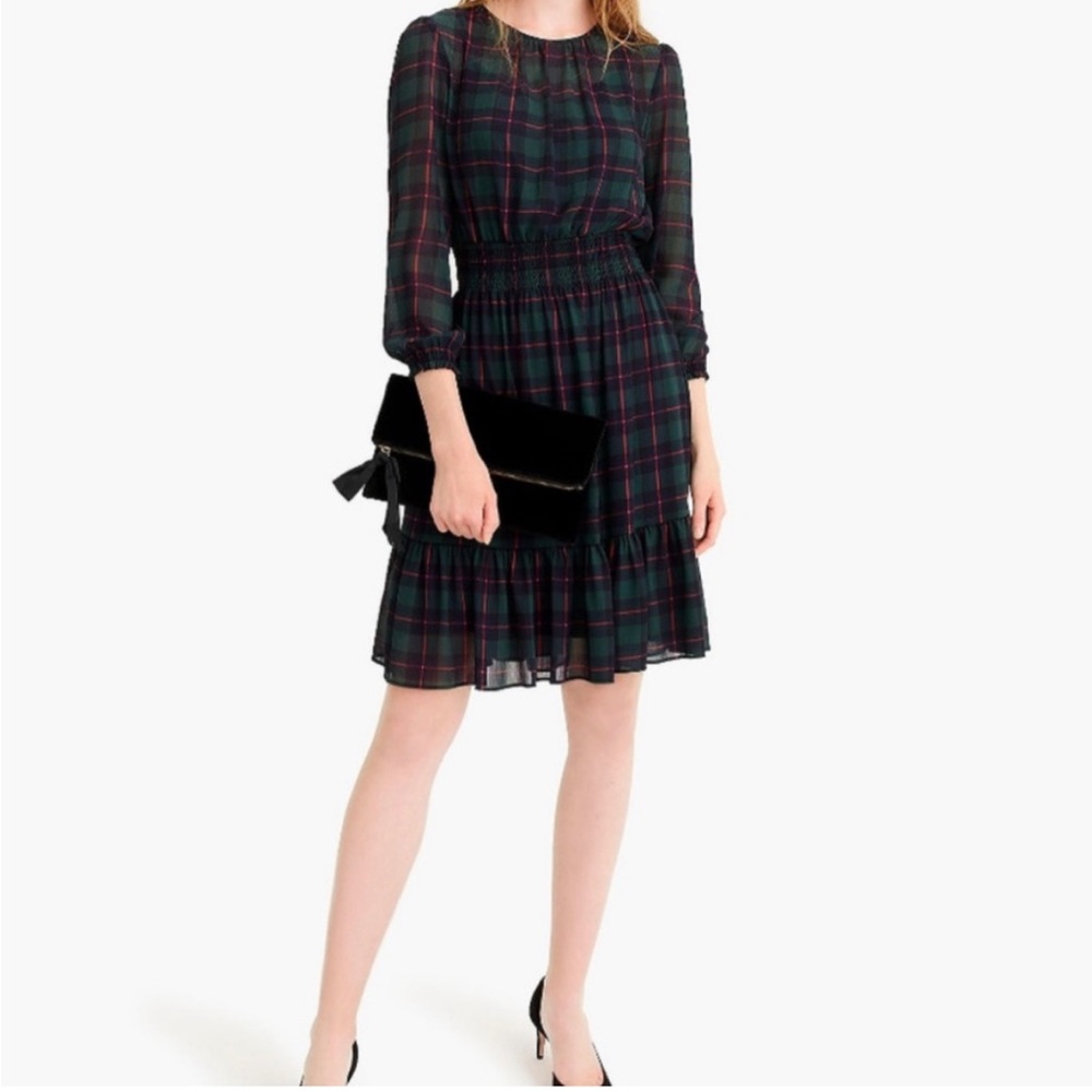 J. Crew Green/Black/Red Plaid Long Sleeve Dress Size XXS
